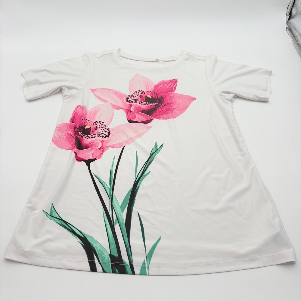Womens White Pink Orchid Floral Graphic Short Sleeve T-Shirt Relaxed Fit Tee